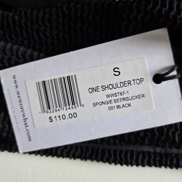 New WeWoreWhat One Shoulder Spongie Seersucker Black Swim Bikini Top Small NWT - Picture 7 of 9